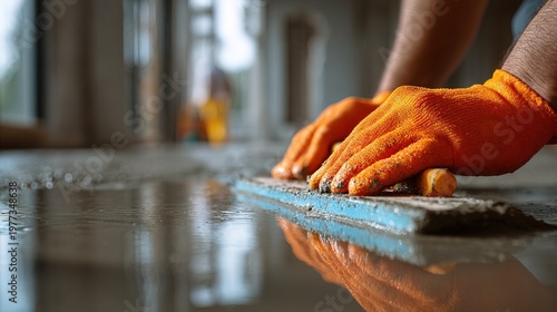 Close-up Professional Worker Smoothing Wet Cement Floor Surface Troweling Technique