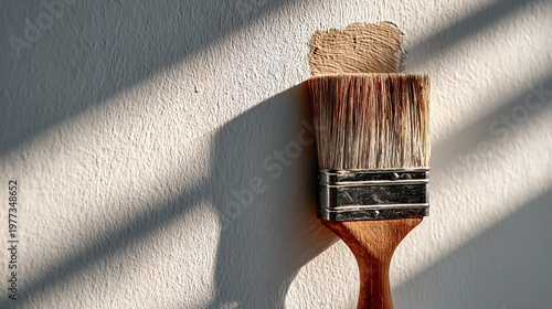 Close up Brush Applying Beige Paint on White Wall in Sunlight