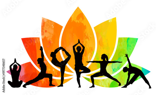 Yoga. Silhouettes of people practicing yoga. Vector illustration.
