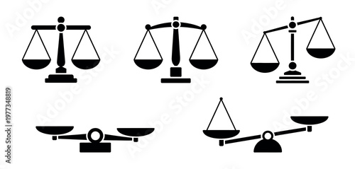 Scales icon vector set including justice scales and weight scales for law, balance, fairness, and measurement interface illustration