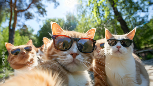 A Group of five funny cats taking selfie together
