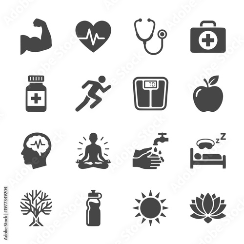 Health and wellness solid icon set. Flat vector symbols for medical care, fitness tracking, mental health, and modern lifestyle app UI design.