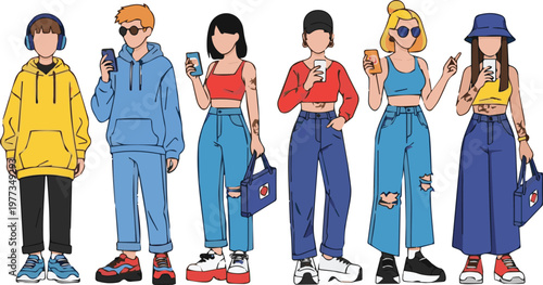 Six young people standing in a row using their smartphones stylishly dressed