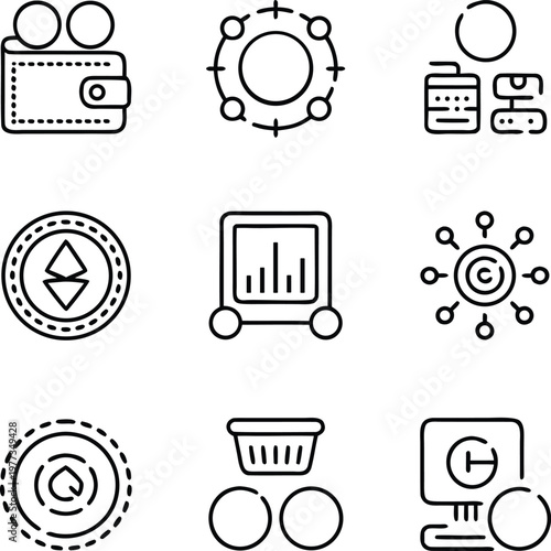 Cad drawing flat vector illustration of cryptocurrency wallet digital finance data analytics blockchain technology network security and electronic payment commerce icons set