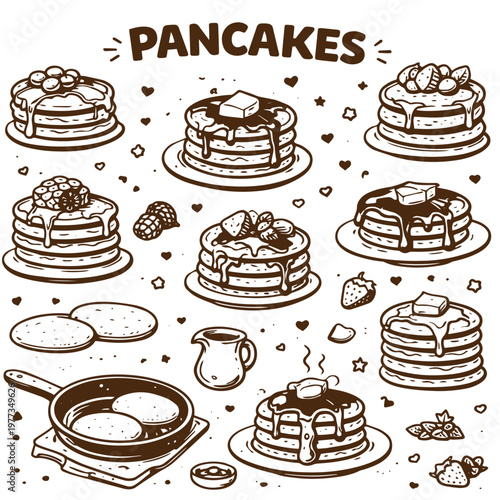 Pancakes breakfast doodle set syrup berries stack sweet dessert illustration
