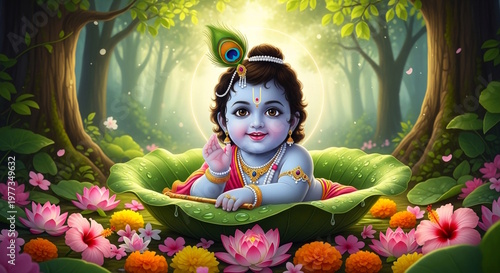 Beautiful Hindu religion God cute happy baby Krishna sitting in leaves bowl in forest background, Hindu religion festival Govardhan puja, Janmashtami concept 