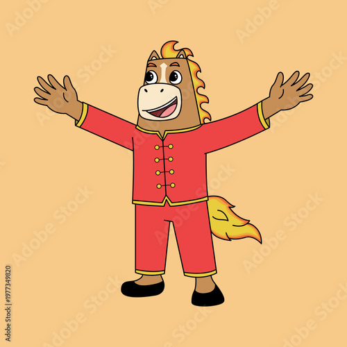 A Fire Horse zodiac character dressed in a vibrant red traditional Chinese outfit, captured in a dynamic pose with rich cultural elements, symbolizing luck, energy, and festive celebration.