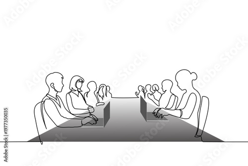 Continuous line vector art of a corporate meeting. Business people sit at a table using laptops on a white background