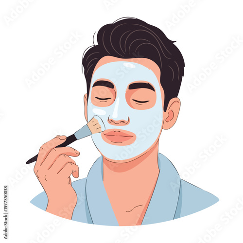 Man applying facial mask with brush for skincare routine.