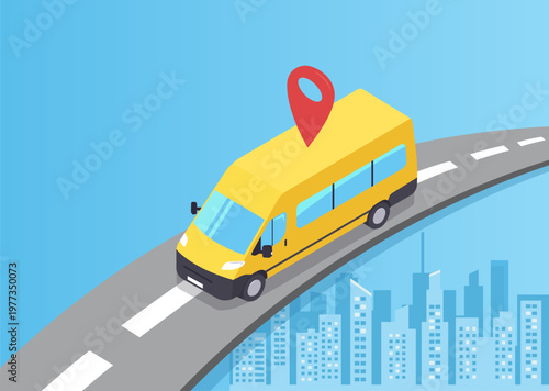 A passenger van travels along a road with a city in the background. Concept illustration of passenger transportation. Vector illustration.
