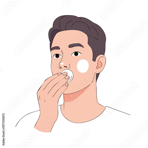 Man applying skincare product to his face with a cotton pad.