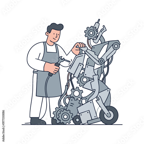 Man Assembling a Complex Robot with Tools.