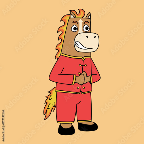 A Fire Horse zodiac character dressed in a vibrant red traditional Chinese outfit, captured in a dynamic pose with rich cultural elements, symbolizing luck, energy, and festive celebration.