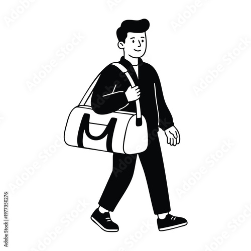 Man carrying a duffel bag walking confidently.