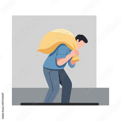 Man carrying heavy sack on his shoulder.