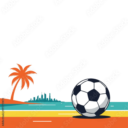 A soccer ball rolling on a minimalist beach with a single stylized palm tree and a distant city skyline silhouette. Warm limited palette of orange, teal, and yellow. Clean white negative space.