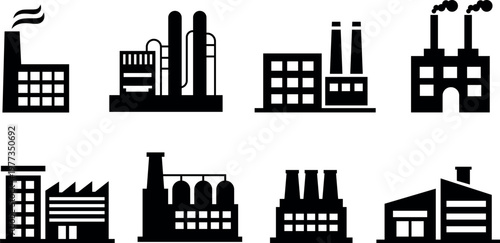 Industrial buildings and factories icon set a black and white illustration