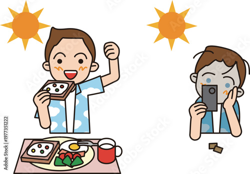 小学生の朝食。バランスの良い洋食とクッキーだけの男の子ののイラスト。