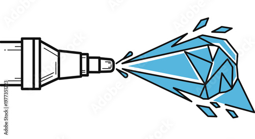 A stylized illustration of a nozzle spraying a geometric, crystalline blue ice shape, possibly a wolf head.