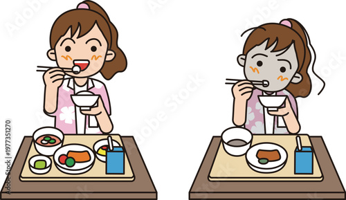 小学生の給食。バランスの良い米飯給食とご飯と汁物、牛乳だけの給食を食べる女子のイラスト。