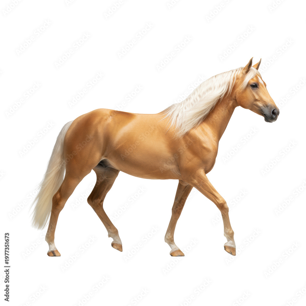 Obraz premium majestic adult palomino horse with brilliant golden coat and flowing platinum mane, captured in a noble profile pose on a sterile gray studio background, powerful equestrian elegance concept