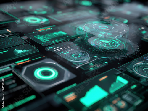 Advanced sci-fi control panel with transparent holographic layers, smooth geometric shapes, cyan and green highlights, AI system interface concept, clean and minimal, hd quality