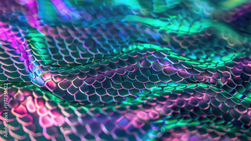 Holographic iridescent snake skin texture pattern with neon green and pink colors on dark background