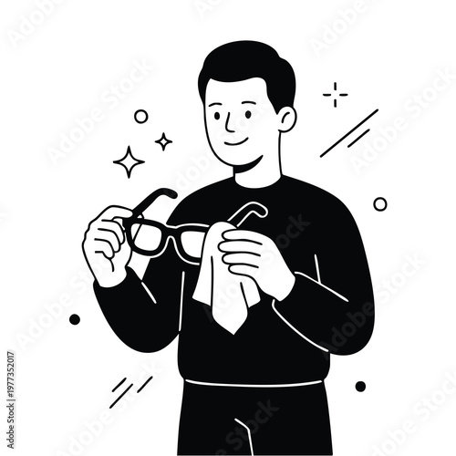 Man Cleaning Eyeglasses with a Cloth.