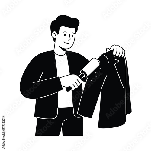 Man Cleaning Suit Jacket with Lint Roller.
