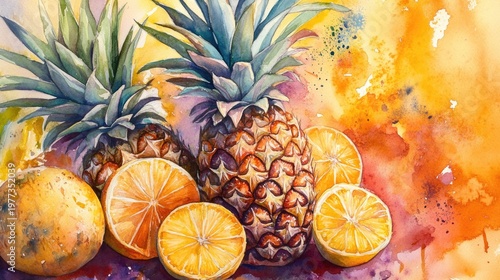 Colorful watercolor artwork featuring pineapples and citrus fruits against a bright background, watercolor.