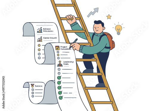 Man climbing ladder to achieve goals on checklist.