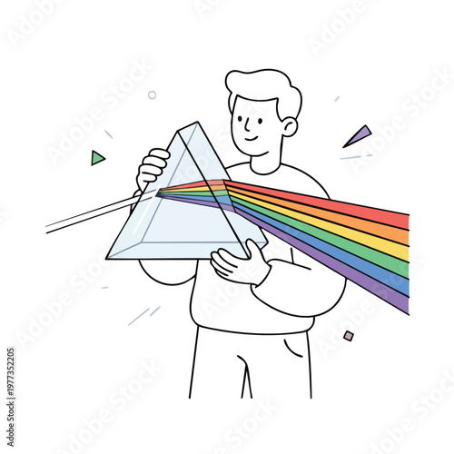 Man demonstrating light refraction through a prism.