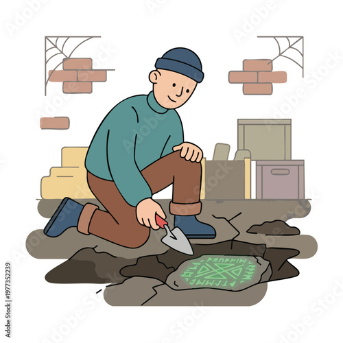 Man digging with trowel exploring archaeological site.