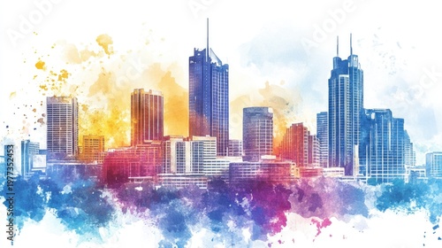 Colorful watercolor skyline illustration showcasing urban buildings in a vibrant cityscape during daylight