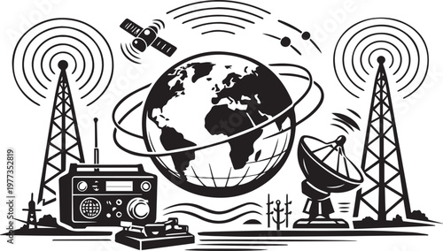 Monochrome Vector Illustration of Amateur Radio Communication Elements with Antennas Waves and Transmission Towers