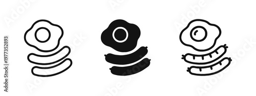 Fried Egg and Sausage Breakfast Icons Collection in Three Versatile Graphic Styles