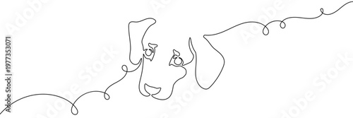 Continuous one line dog drawing art paw illustration pet heart lineart. Dog drawing one line outline print icon veterinary puppy walk footprint running head logo bulldog silhouette background vector.