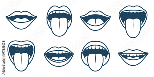 Mouth, blue lips and tongue icon set, isolated on white and black backgrounds, different styles, vector illustration for graphic design, branding, logos, apps, websites, and creative digital projects.