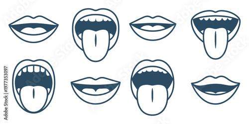 Mouth, icons showing lips and tongue in shades of blue, perfect for graphic design, branding, isolated lips icon, white and black background, different styles, vector illustration for apps, websites, 