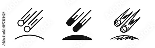 Meteor crashing on earth icon set, meteorite asteroid falling in atmosphere vector illustration
