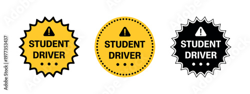 Student driver stickers vector with caution badges and warning signs for driving safety, road alerts, and scalable traffic design graphics