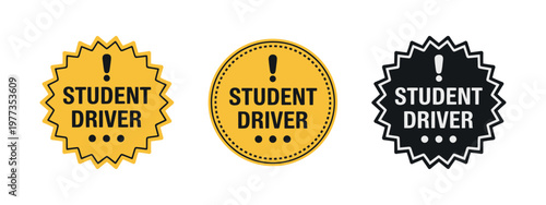 Student driver stickers vector with caution badges and warning signs for driving safety, road alerts, and scalable traffic design graphics