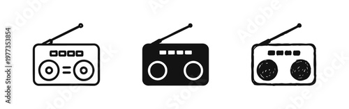 Radio icons set, retro portable boombox player outline, solid and hand drawn vector illustration
