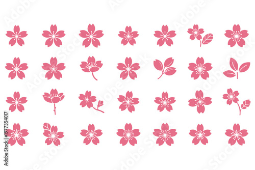 Sakura Cherry Blossom Icon Set, Floral Spring Symbols, Simple Shape Vector Pack