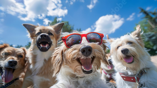 A Group of five playful dogs taking selfie