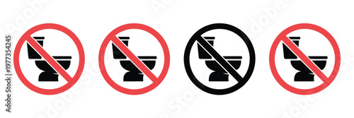 No toilet sign, clear red prohibition circle with black toilet silhouette indicating out of order restroom symbol for universal public information