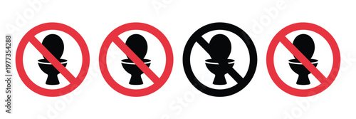 No toilet sign, clear red prohibition circle with black toilet silhouette indicating out of order restroom symbol for universal public information