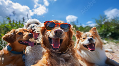 A Group of five playful dogs taking selfie