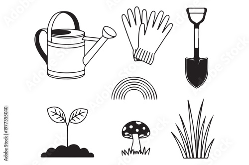 Gardening tools plants and a rainbow in a simple black and white illustration