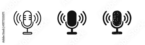Microphone icons set, vocal mic with sound waves for podcasting or recording vector illustration
